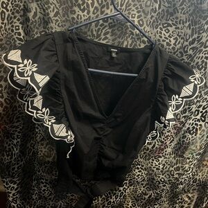 Express Black Blouse with White Embroidery